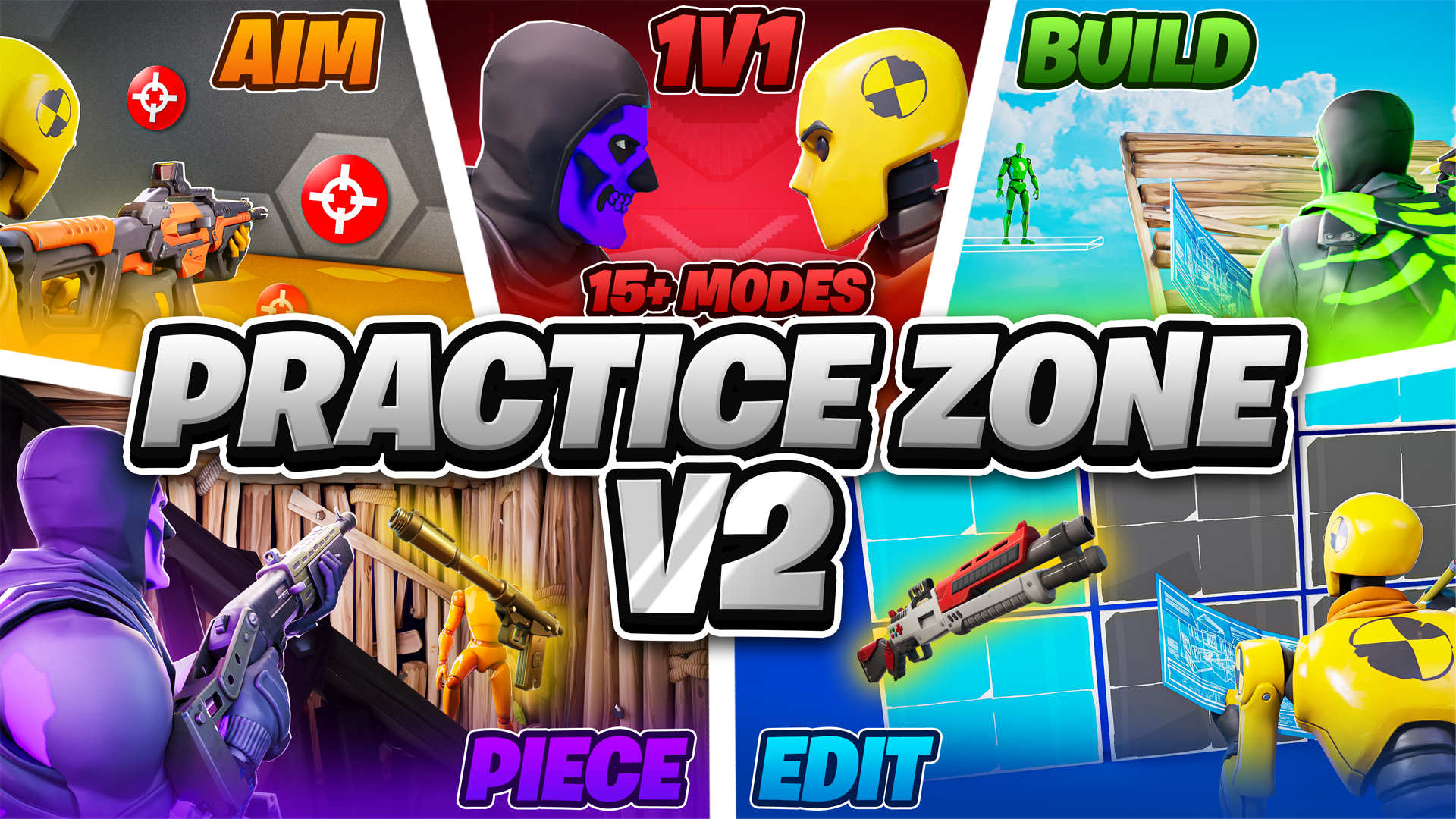 Practice ZONE V2 med spellägena Aim, 1v1, Build, Piece och Edit